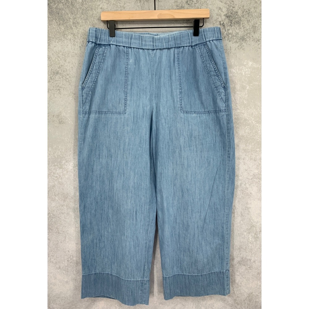 Talbots Pants Womens Large Blue Denim Chambray Elastic Waist Wide Leg Crop